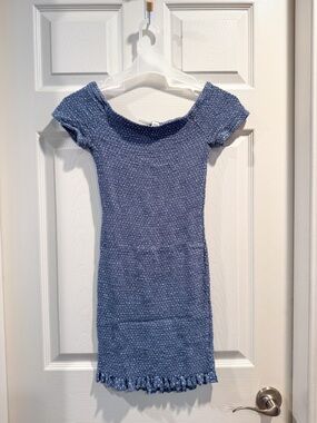Japna Light Blue Textured Knit Ruffle Hem Scoop Neck Coquette Dress M